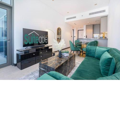Chic Apartment with green accents and Burj Khalifa view