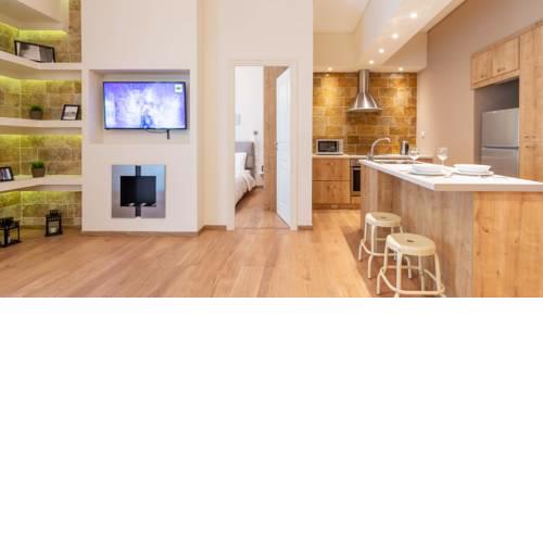 Contemporary apartment made of wood and stone.