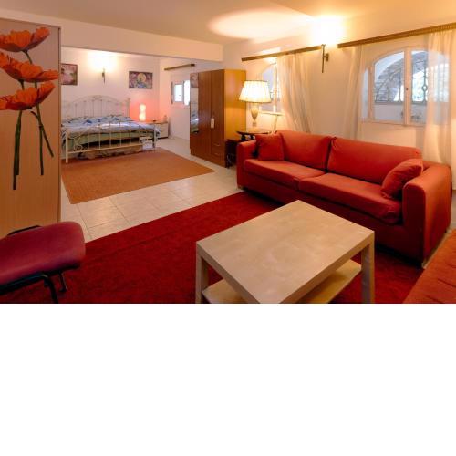 The red one! Open-plan Semibasement surrounded by garden